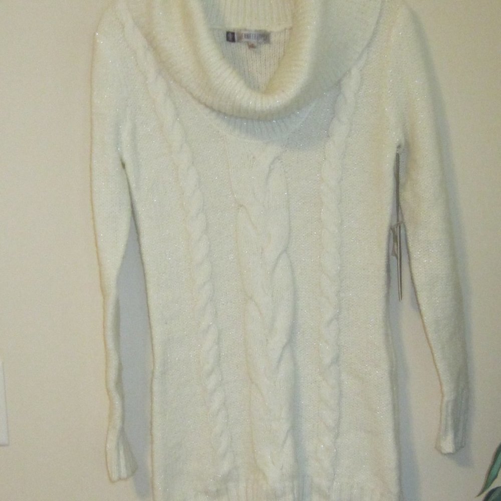 Jennifer Lopez cowl neck line sweater, size small, white metallic, 32" long